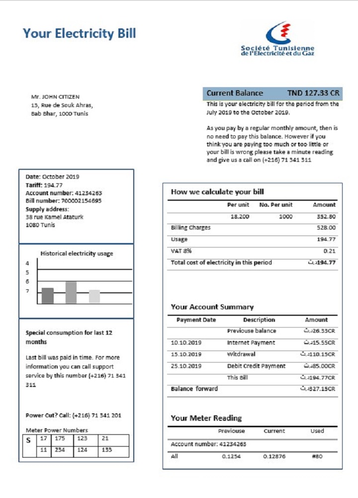 Tunisia electricity proof of address utility bill template in Word and PDF format